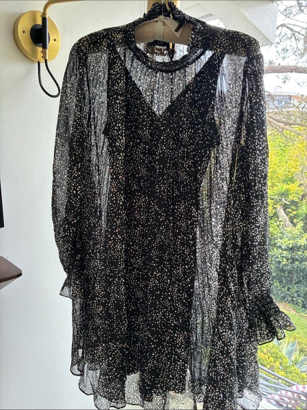 Maje Black Sheer Long-Sleeve Dotted Ruffle-Neck silk risou dress 40